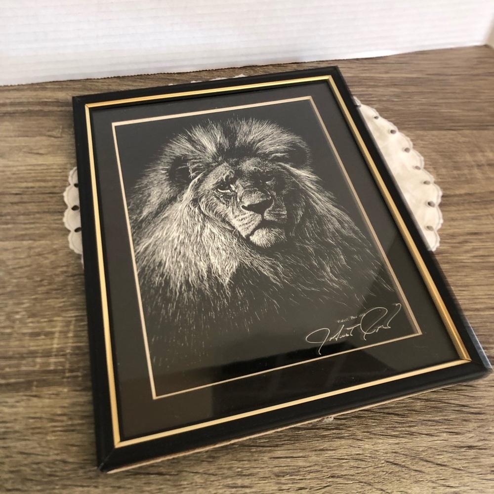 Vtg Robert Pow Framed Black & Gold Lion Artwork